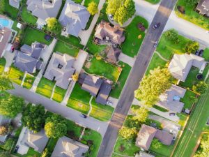 Aerial view of neighborhood with fencing